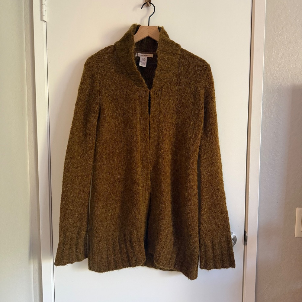 Free People Mohair Blend Open Front Fall Cardigan Moss Green Boho Cozy Retro